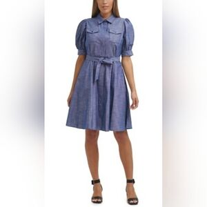 Calvin Klein Women's Belted Puff Sleeve Denim Shirt Midi Dress Size 6